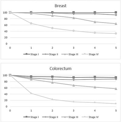 Five-year relative survival by stage of breast and colon cancers in northern Italy